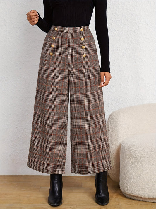 Plaid Print Wide Leg Pants With Button High Waist For All Season Spring And Summer
