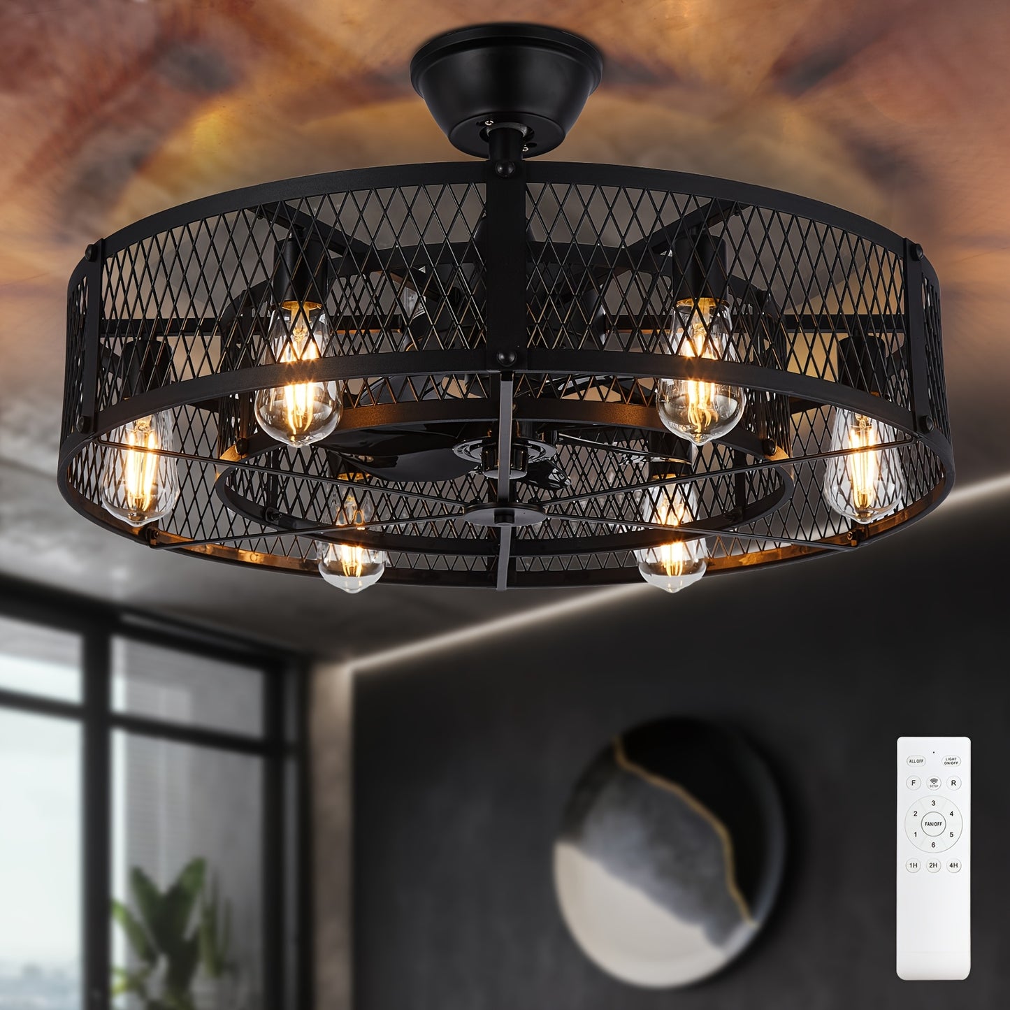 Industrial Ceiling Fan with Light and Remote Control for Spaces