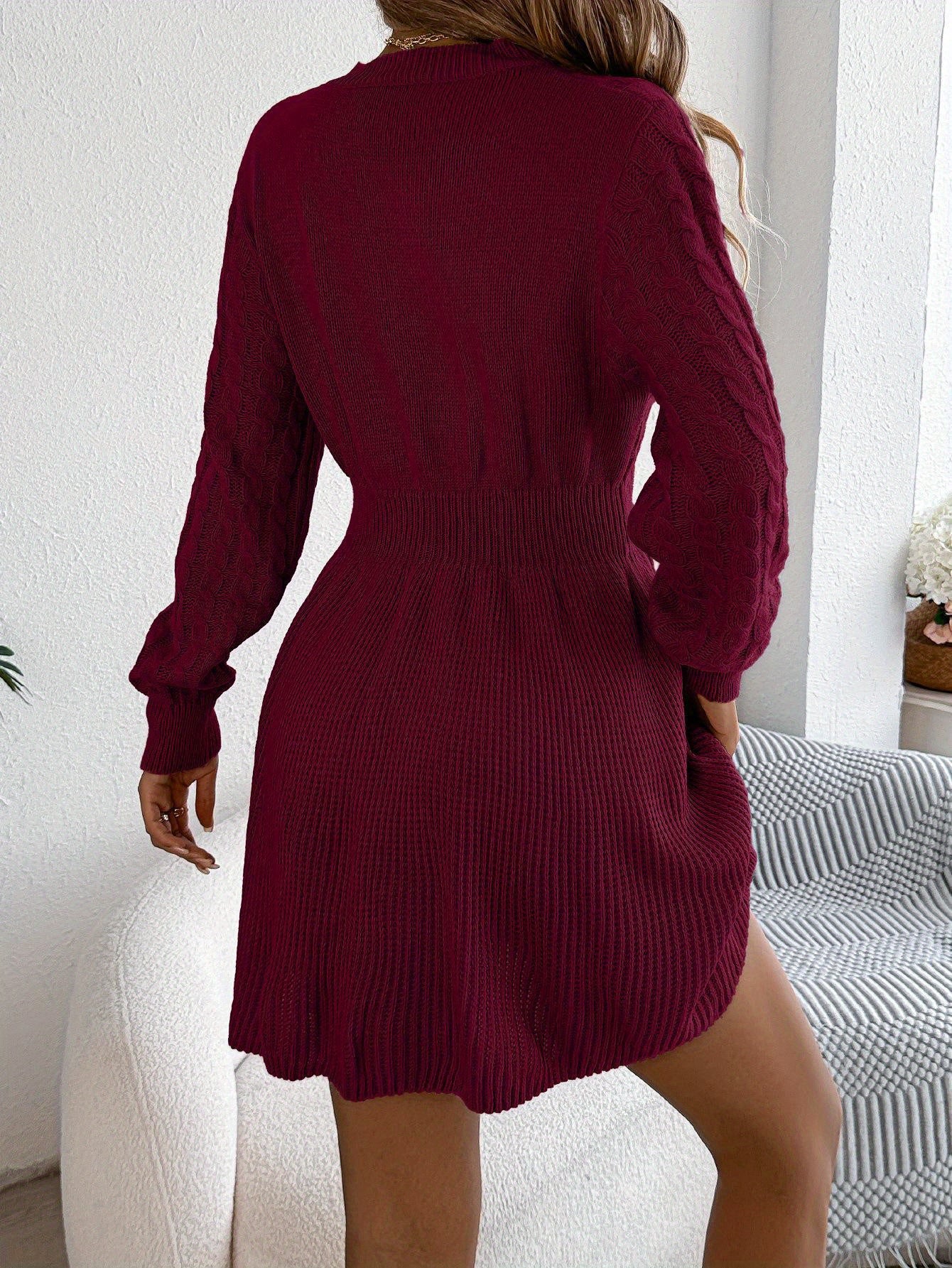 Elegant Sweater Dress Lantern Sleeves Fit And Flare