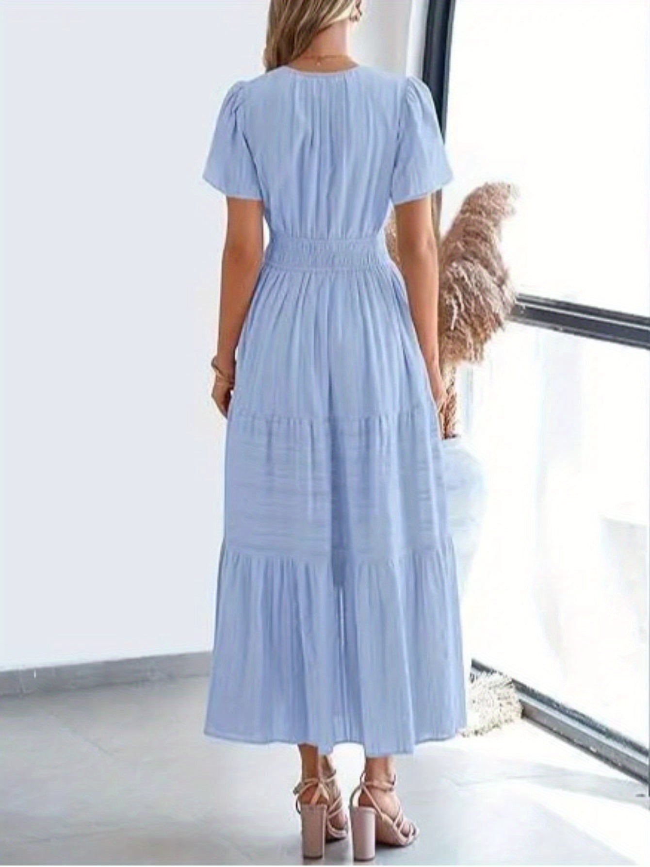 ZOELNIC Pleated Bubble Sleeve Dress V Neck Elegant Swing