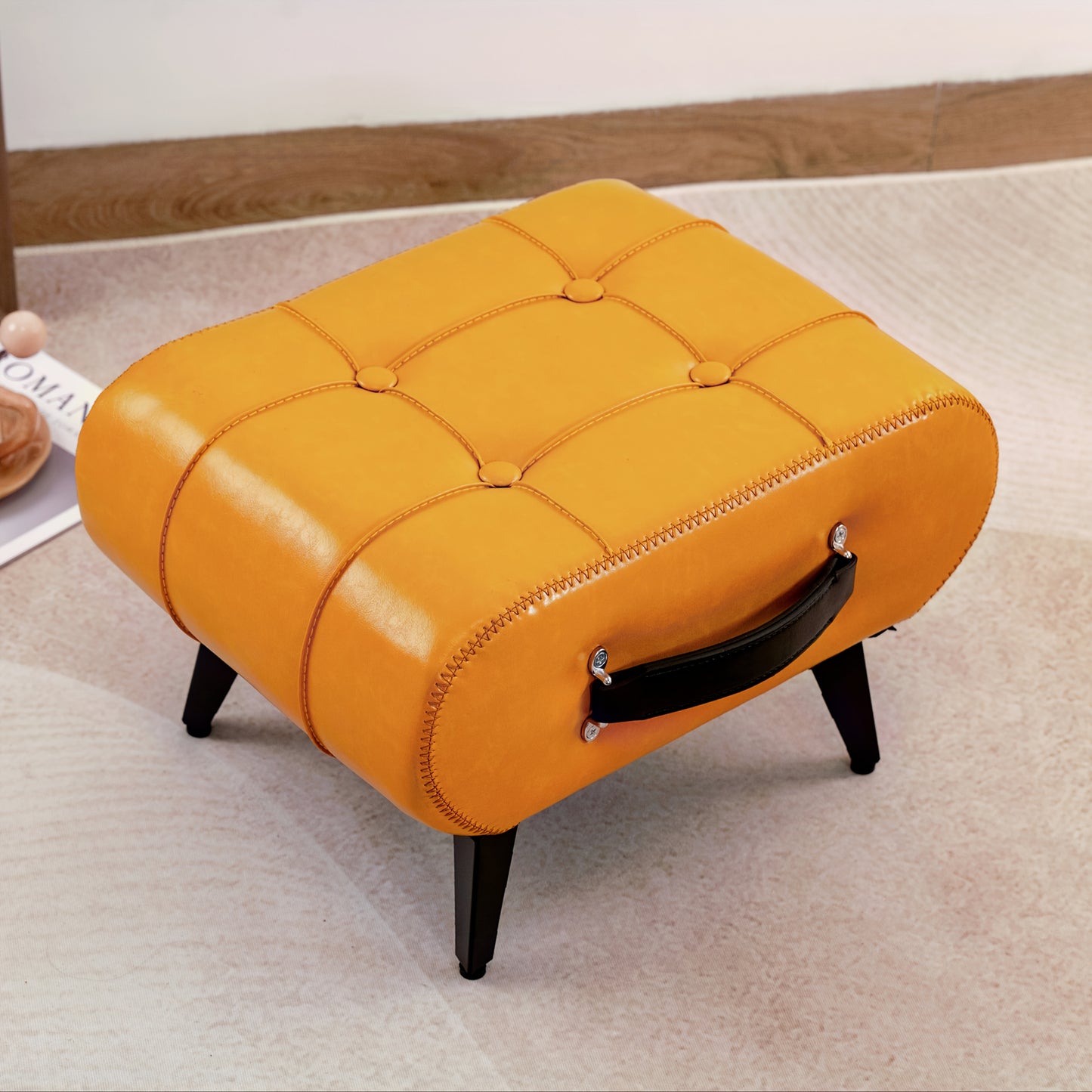 Stylish Leather Stool Oil Wax Finish Low Footstool Pro