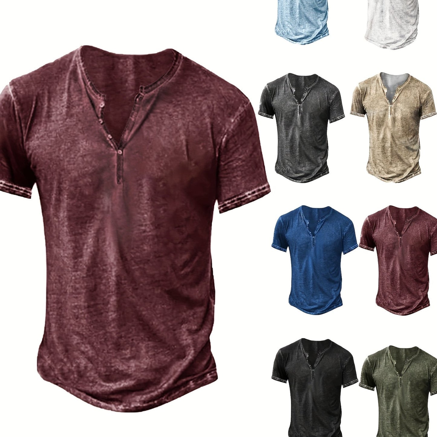 Mens Distressed Henley Shirt Short Sleeve Cotton Slim Fit