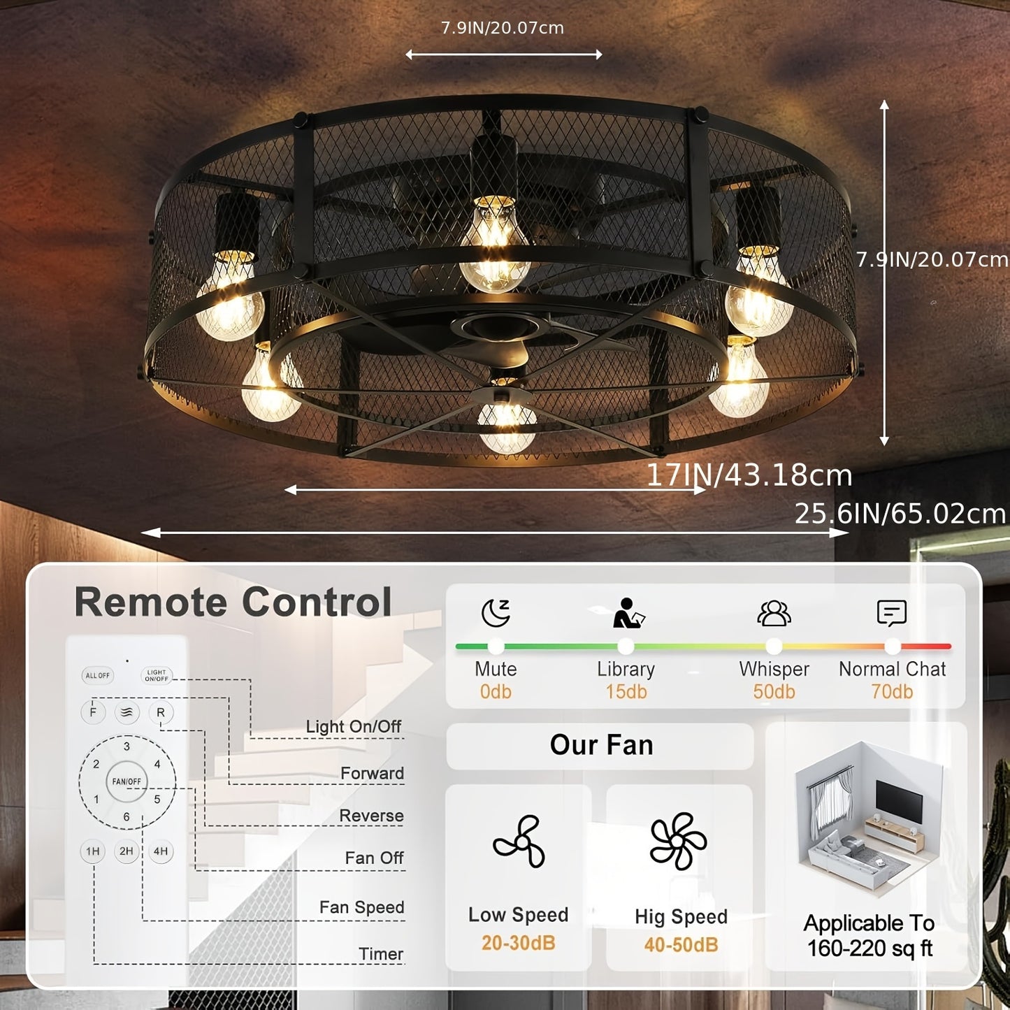 Industrial Ceiling Fan with Light and Remote Control for Spaces