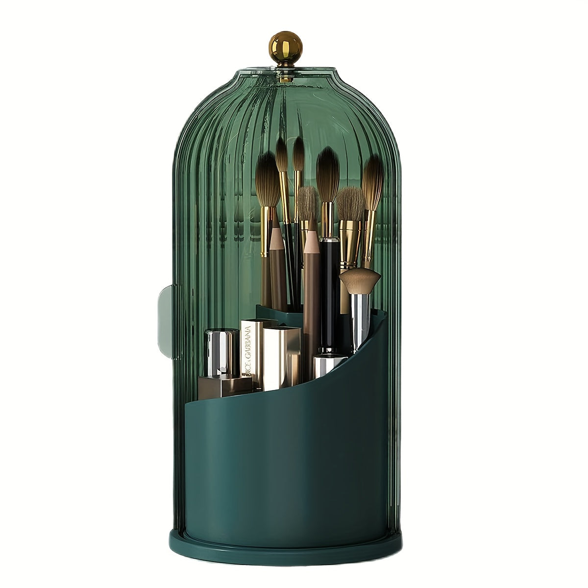 Elegant Rotating Makeup Holder 360 Degree Makeup Brush Organizer Dustproof Transparent Storage Box Sleek Black and Gold Ideal for Vanity Bathroom Countertops