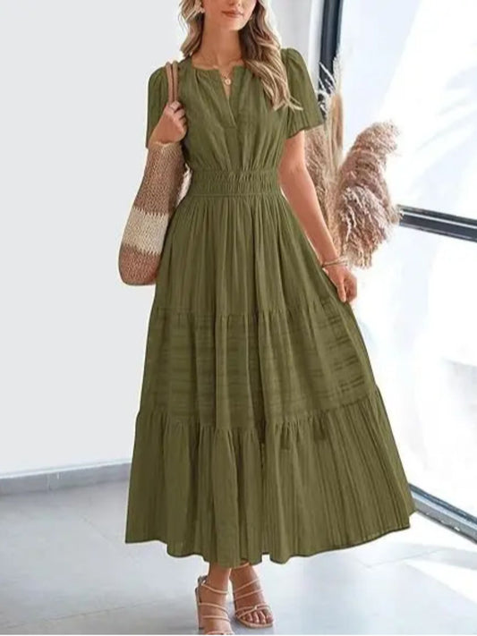 ZOELNIC Pleated Bubble Sleeve Dress V Neck Elegant Swing