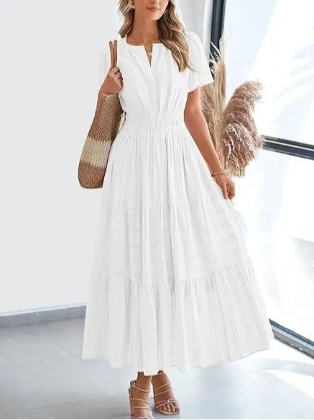 ZOELNIC Pleated Bubble Sleeve Dress V Neck Elegant Swing