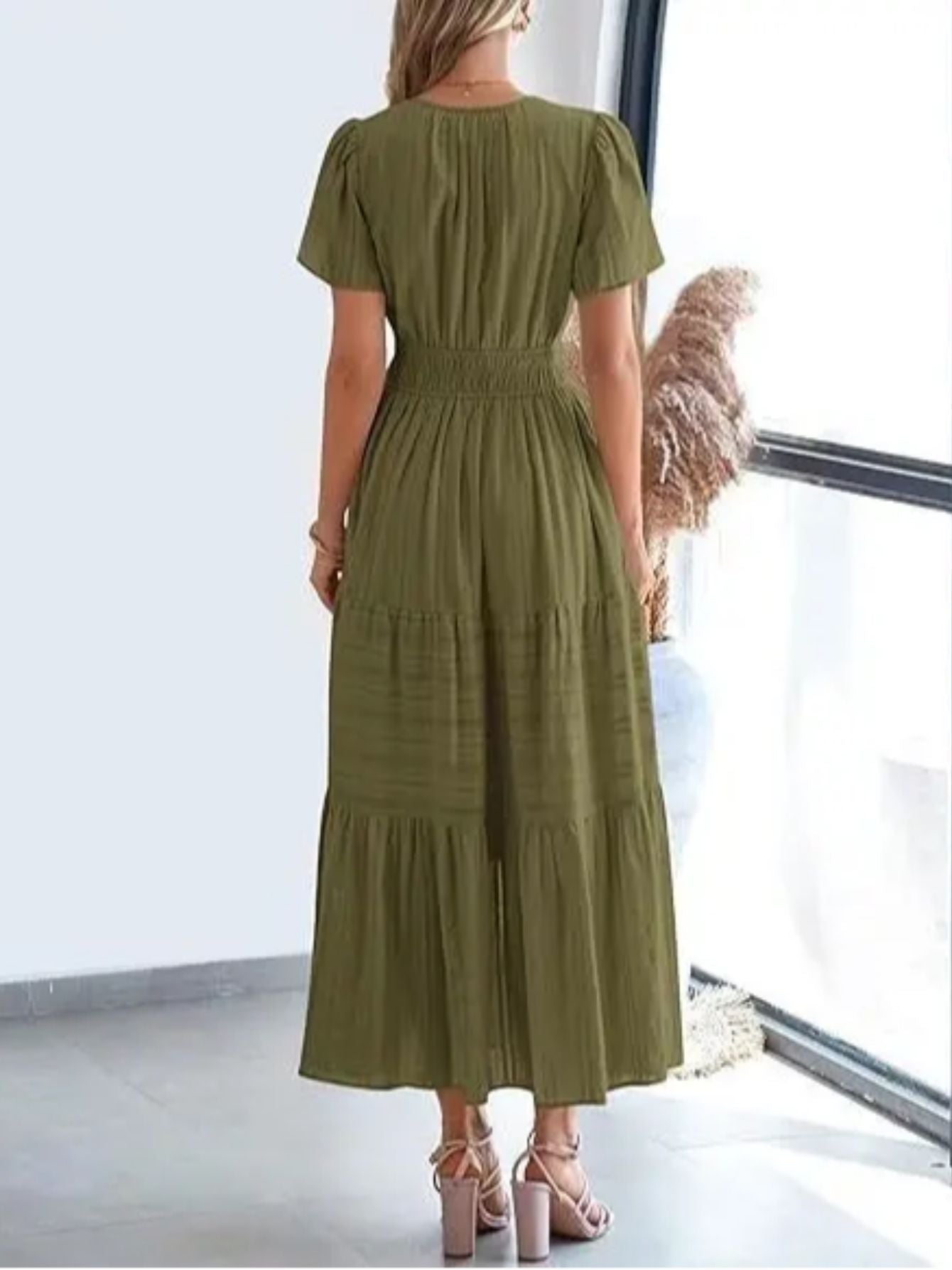 ZOELNIC Pleated Bubble Sleeve Dress V Neck Elegant Swing