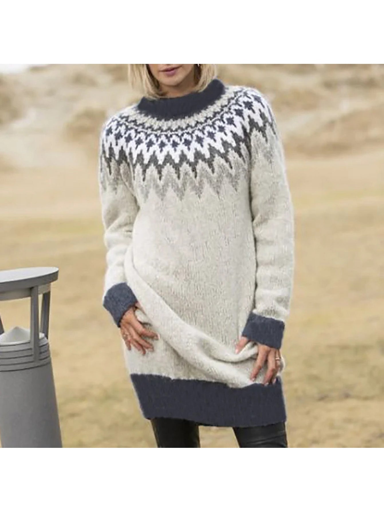 Geometric Jacquard Bodycon Midi Dress Long Sleeve Crew Neck