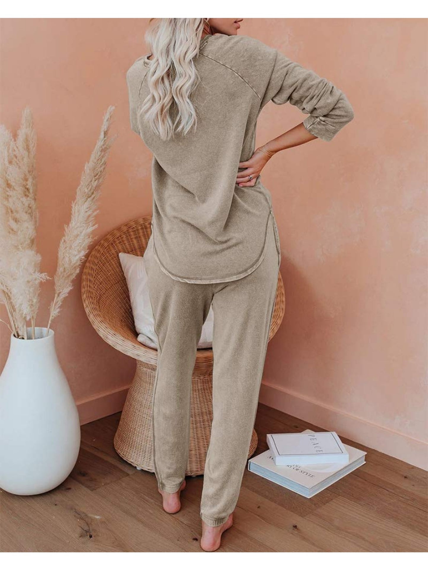 Women Solid Sweatsuit Set Crewneck Pullover Sweatpants