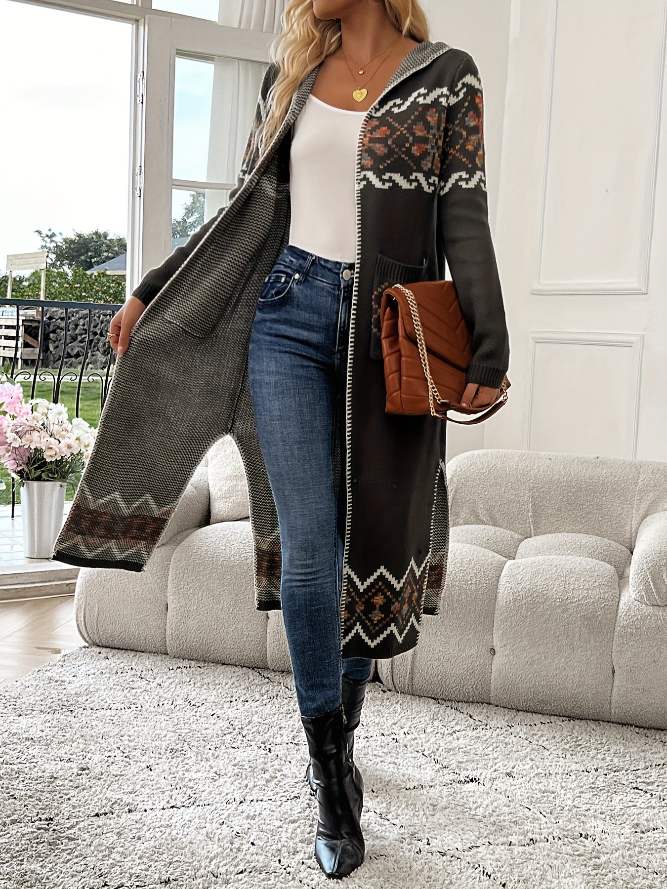 Jacquard Cardigan Geometric Knit With Pockets Fall Winter