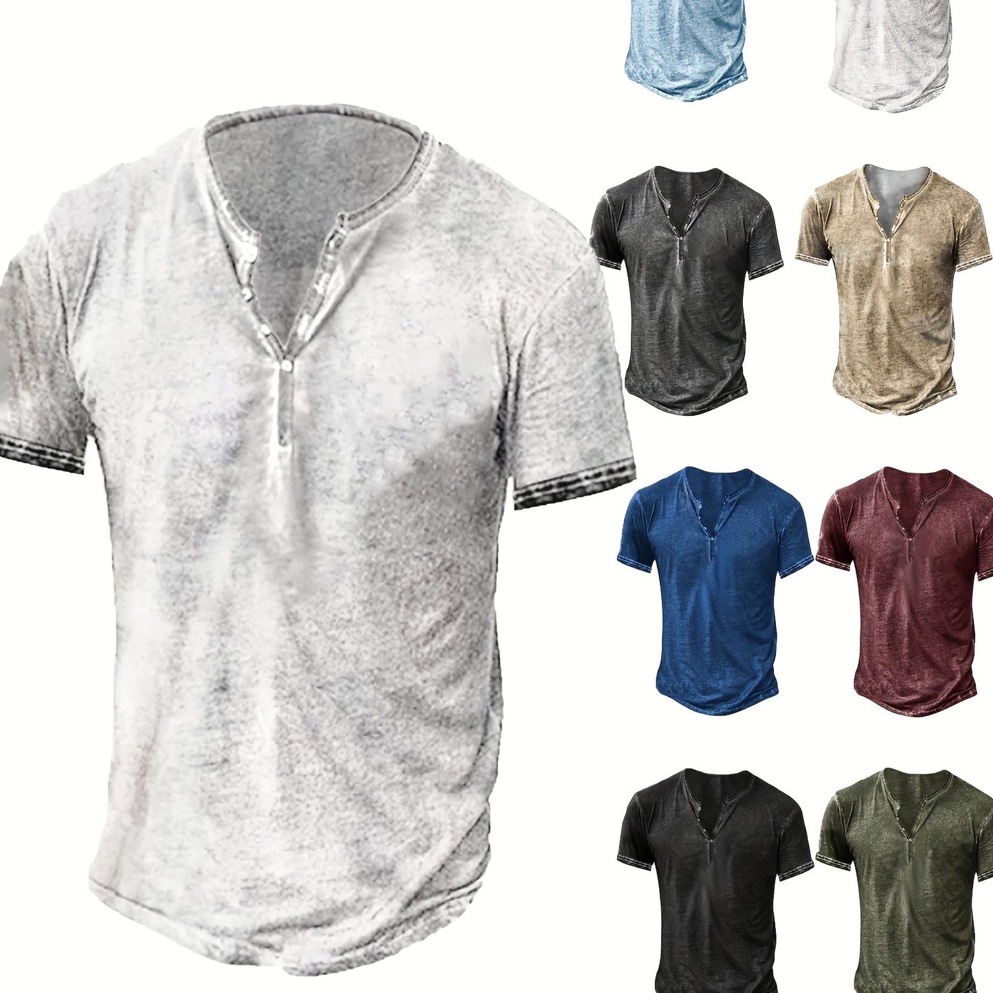 Mens Distressed Henley Shirt Short Sleeve Cotton Slim Fit