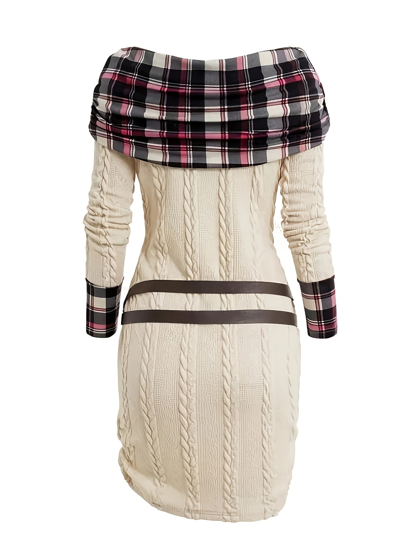 Plaid Patchwork Cable Knit Bodycon Sweater Dress Chic