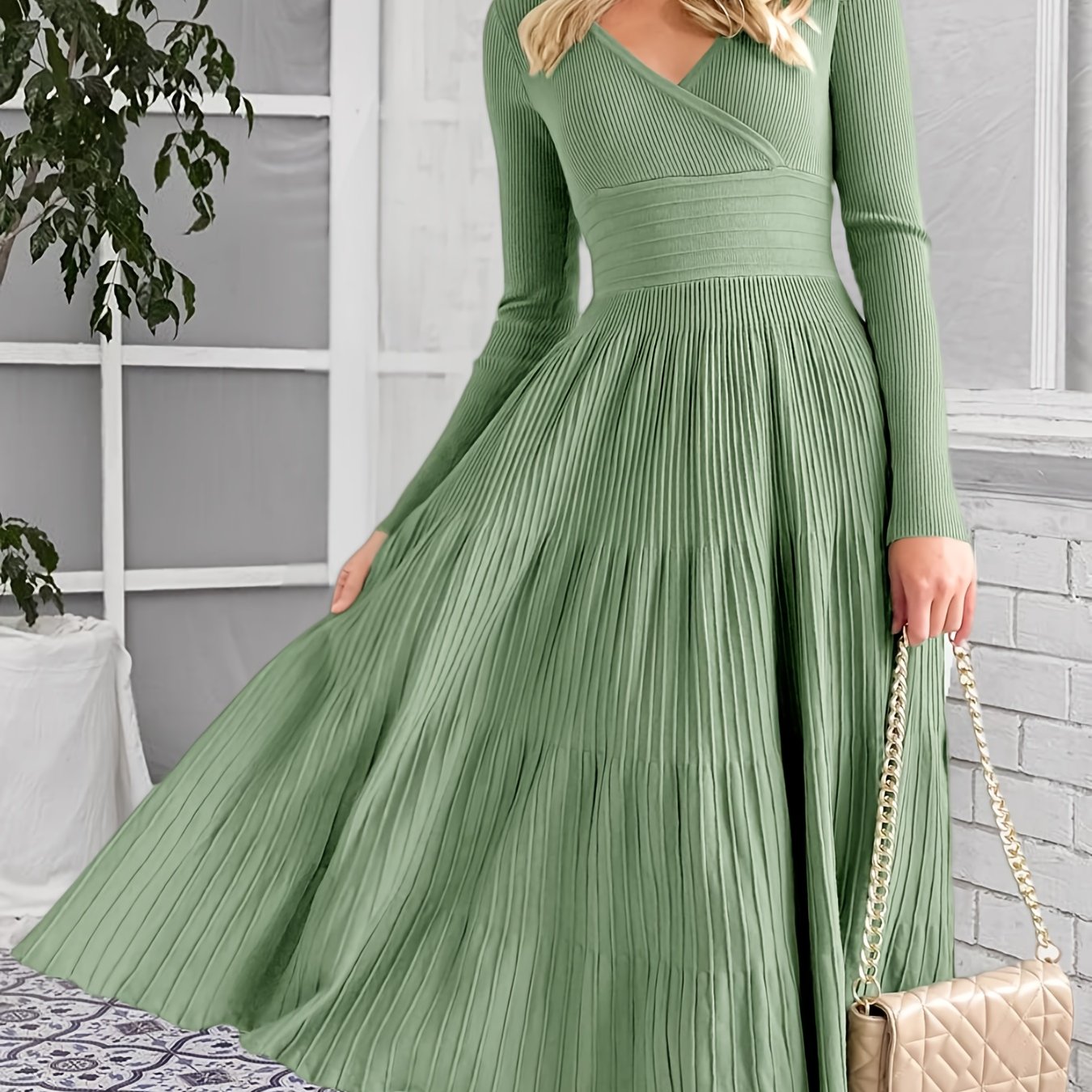 Womens V Neck Midi Sweater Dress Wrap Pleated A Line