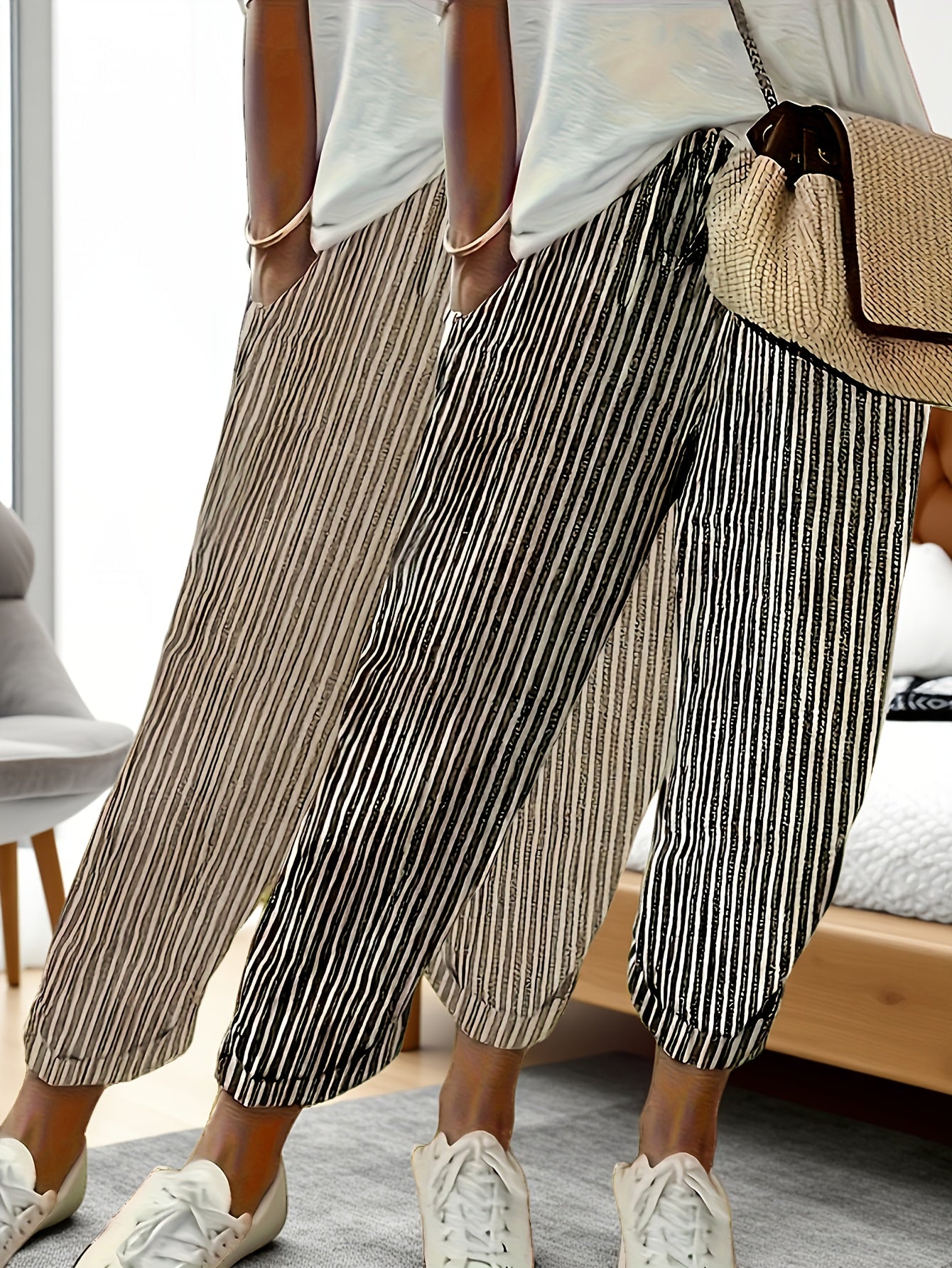 Two Pack Striped Casual Polyester Pants All Season Wear