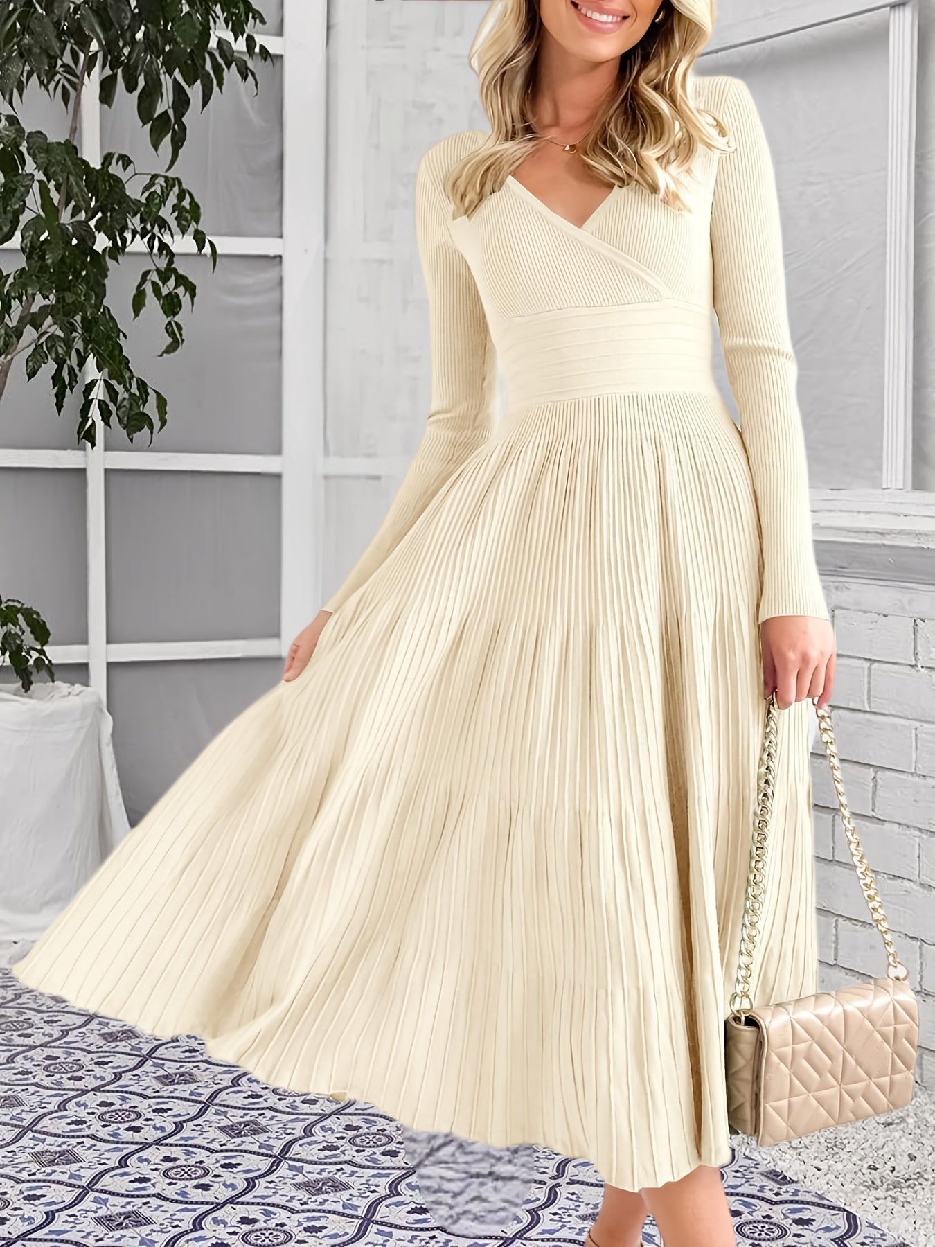 Womens V Neck Midi Sweater Dress Wrap Pleated A Line