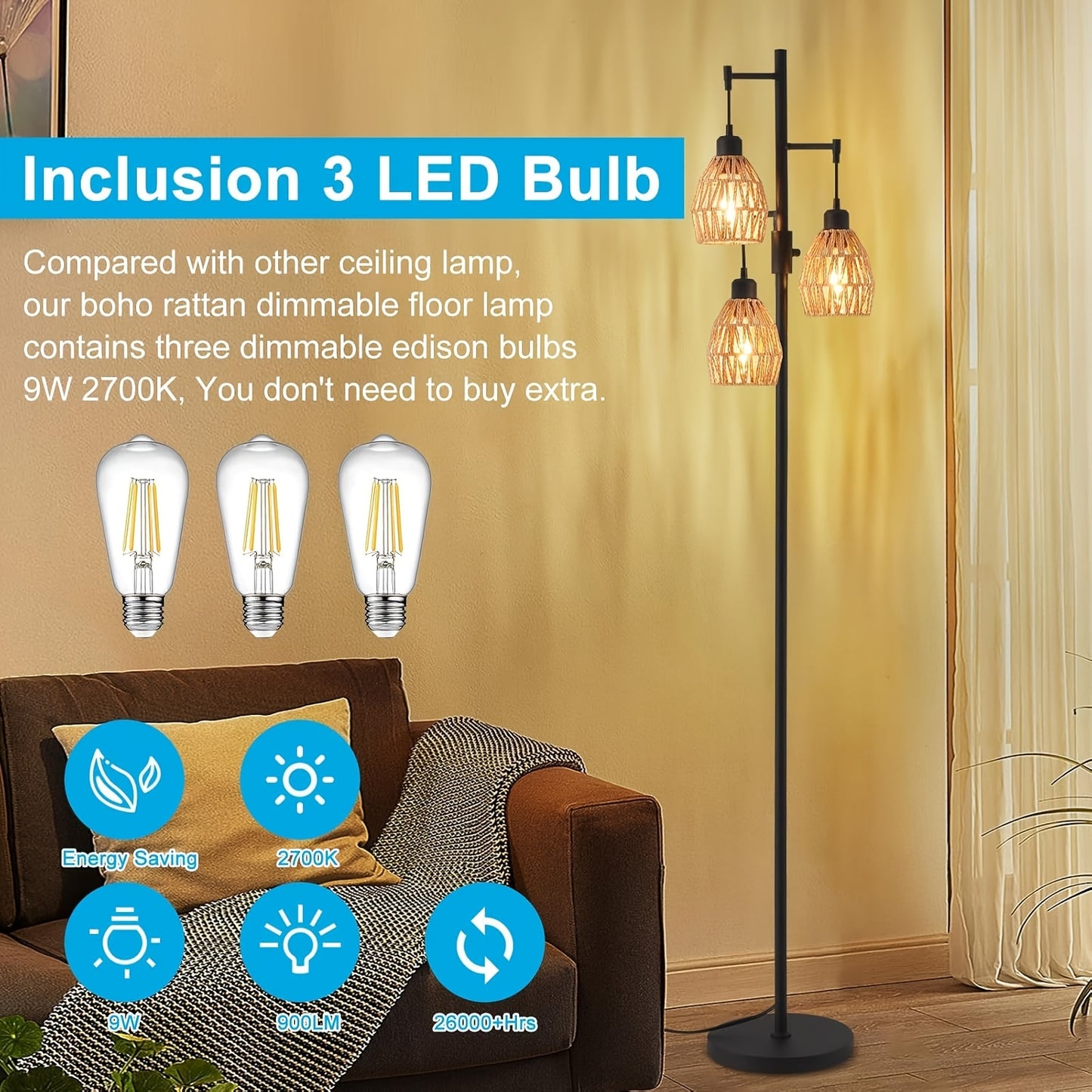 Boho Rattan Tree Floor Lamp With Dimmable Adjustable Lighting