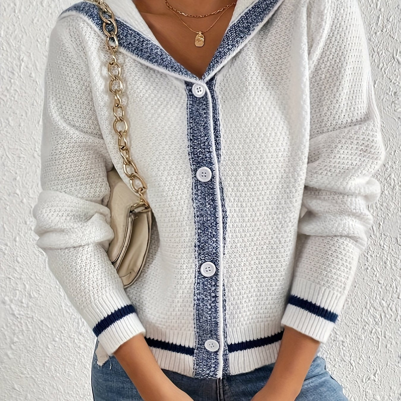 Womens Elegant Color Block Button Front Cardigan for Casual Wear