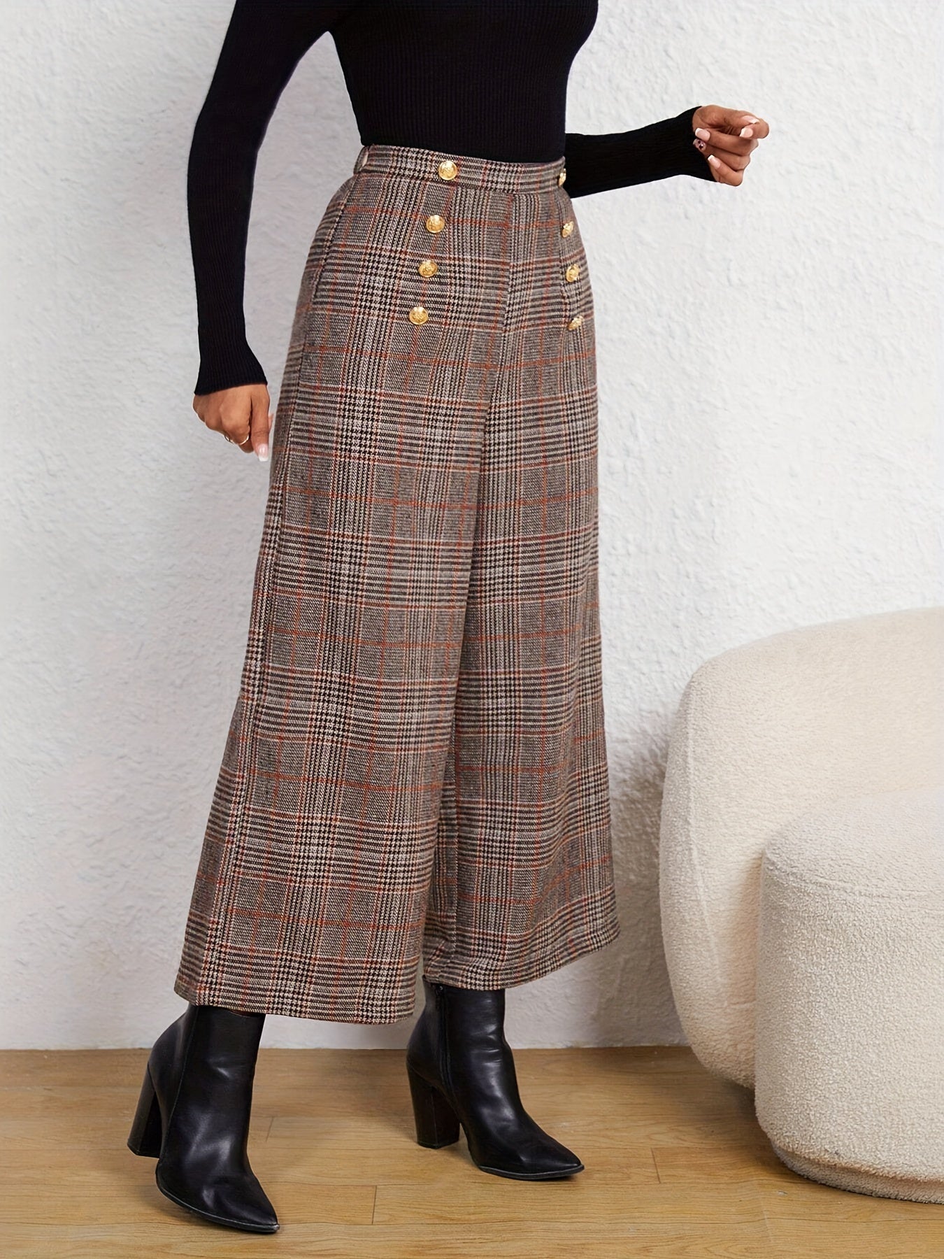Plaid Print Wide Leg Pants With Button High Waist For All Season Spring And Summer