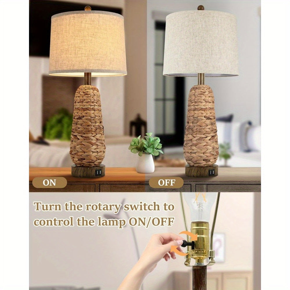 BrightEver Rattan Table Lamps Set With USB Ports 2