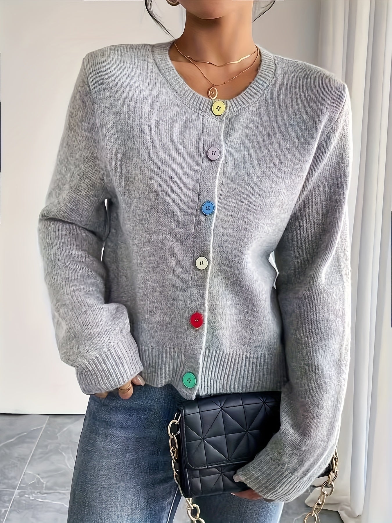 Womens Cardigan Sweater With Button Details Crew Neck