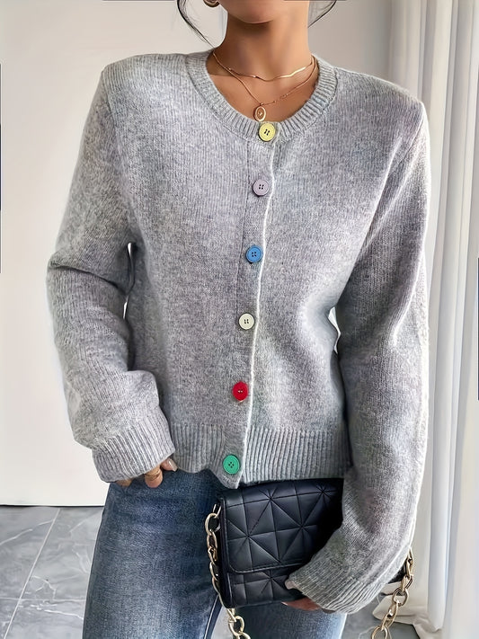 Womens Cardigan Sweater With Button Details Crew Neck