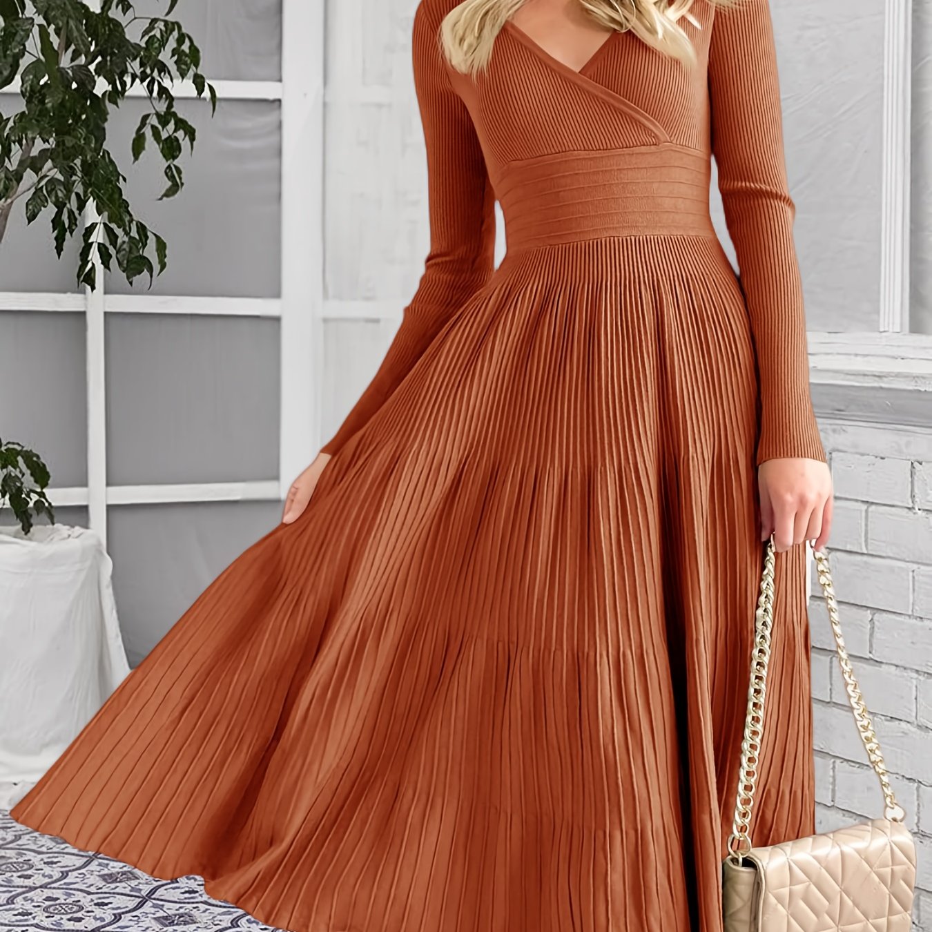 Womens V Neck Midi Sweater Dress Wrap Pleated A Line