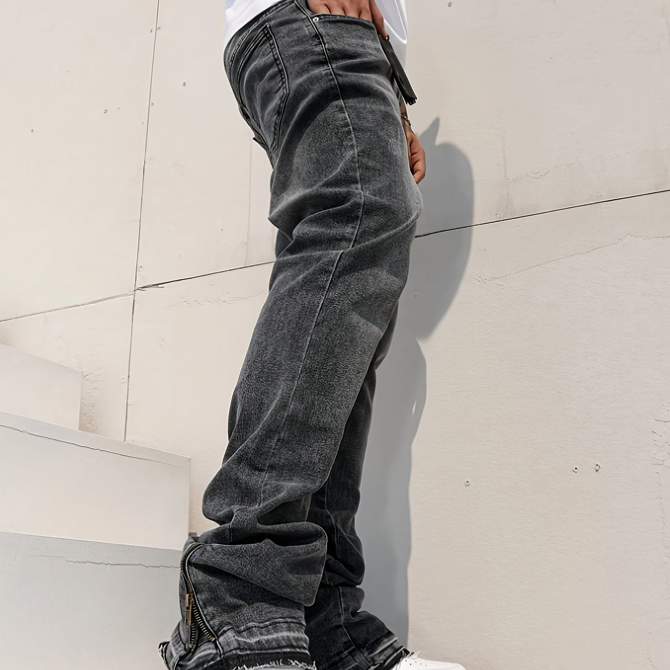 HME Men's Slimming Straight Jeans Split Hem Zipper Denim