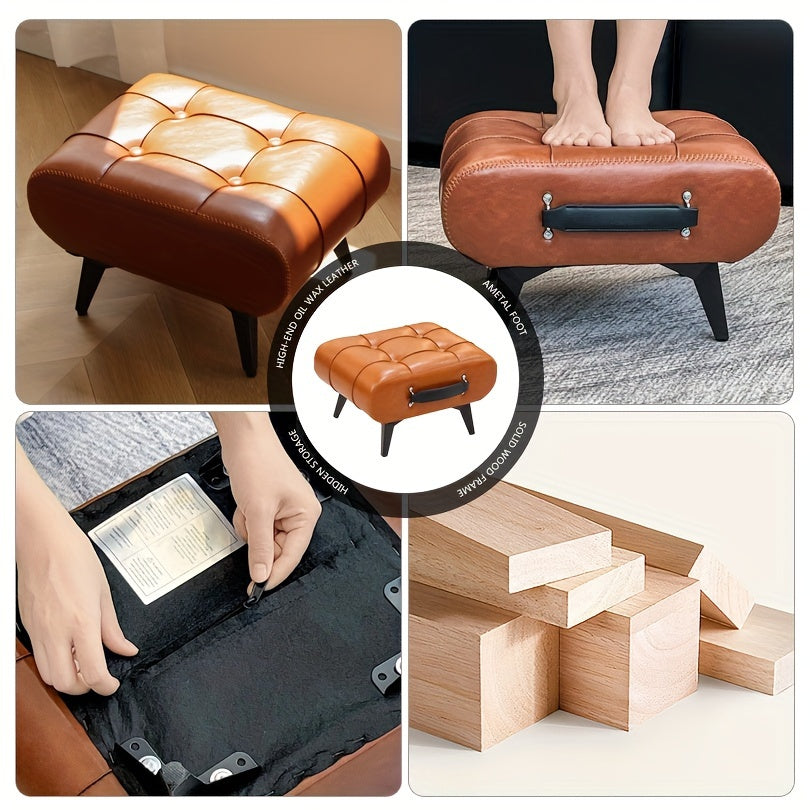 Stylish Leather Stool Oil Wax Finish Low Footstool Pro
