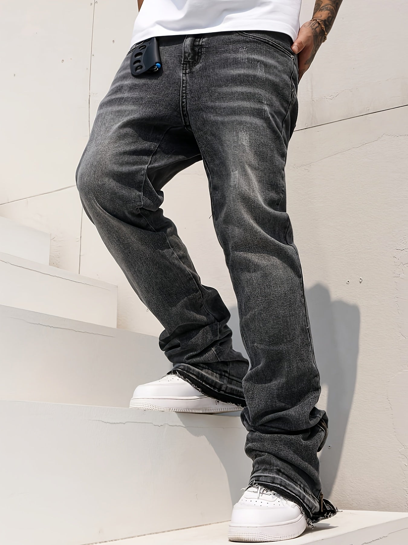 HME Men's Slimming Straight Jeans Split Hem Zipper Denim