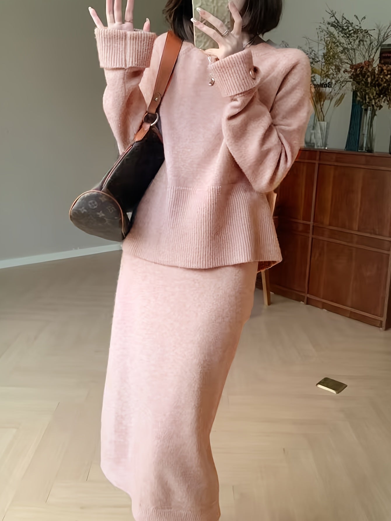 French Inspired Loose Fit Sweater And Skirt Set For Women