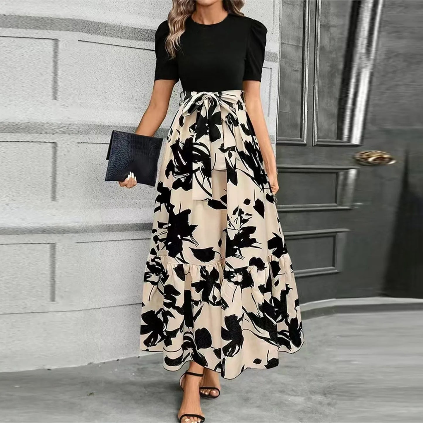 Floral Print High Waist Maxi Dress for Women Spring