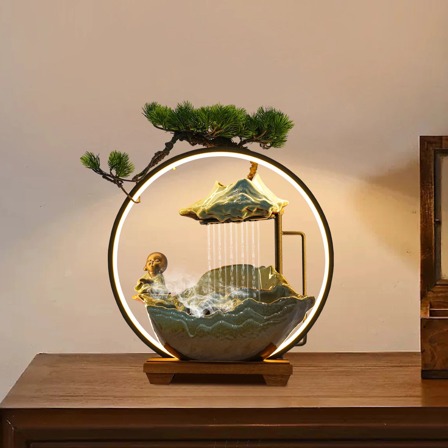 Bymaocar Modern Ceramic Wood Tabletop Water Fountain