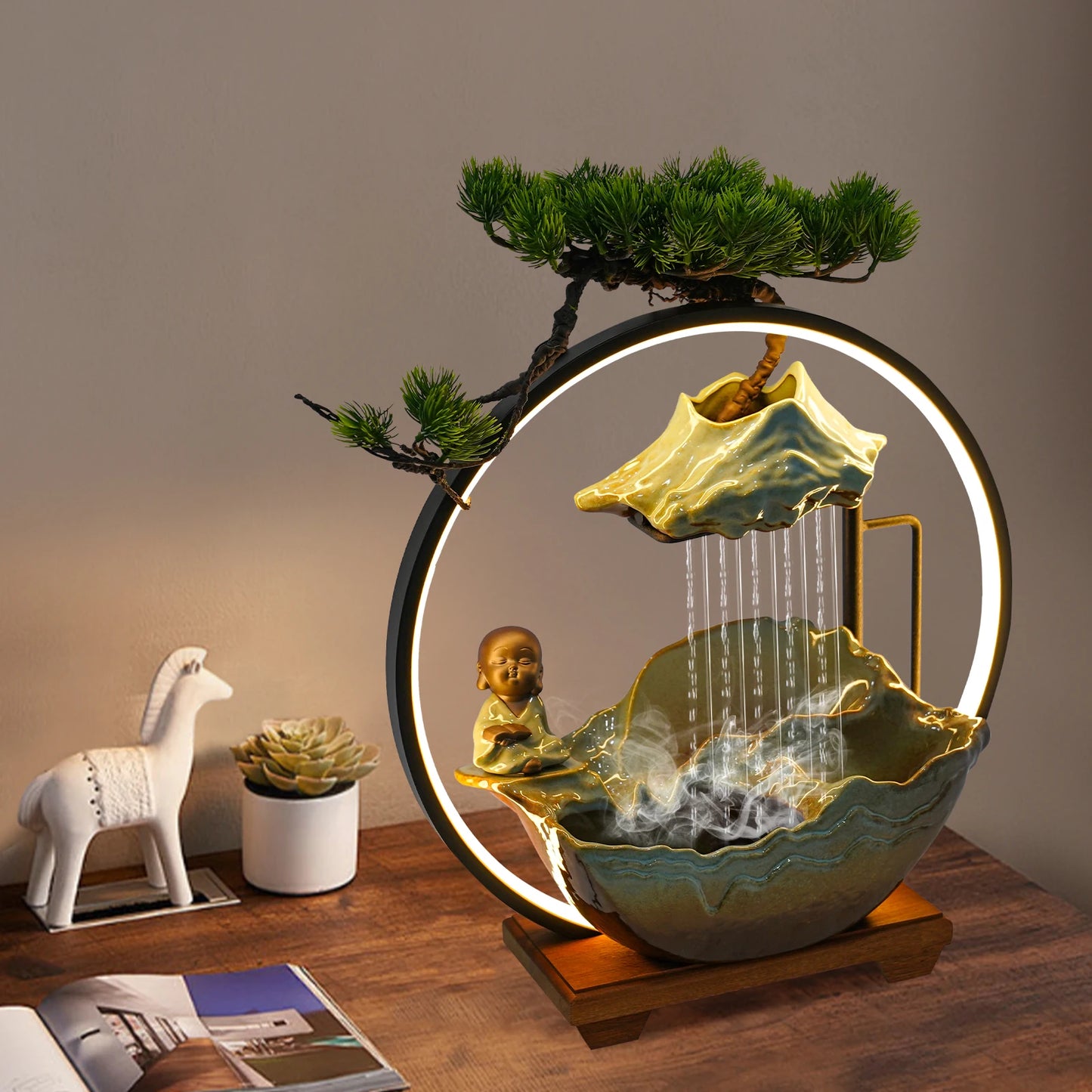 Bymaocar Modern Ceramic Wood Tabletop Water Fountain