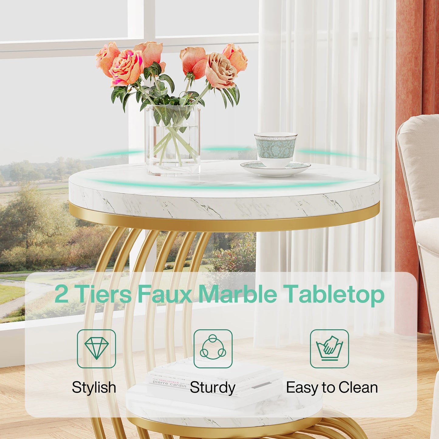 Tribesigns Gold Round End Table with Faux Marble Shelf