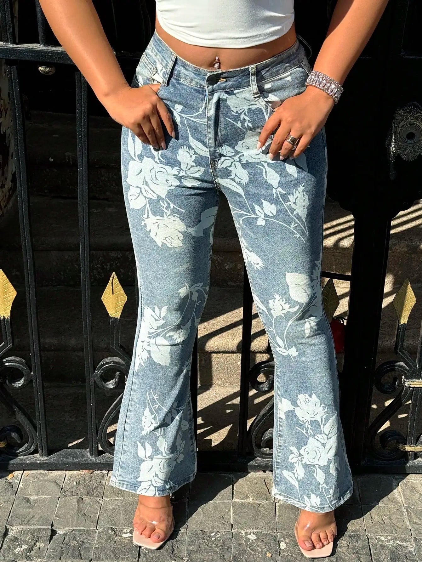 Ladies Flower Printed Bell Bottom Jeans Micro Elastic