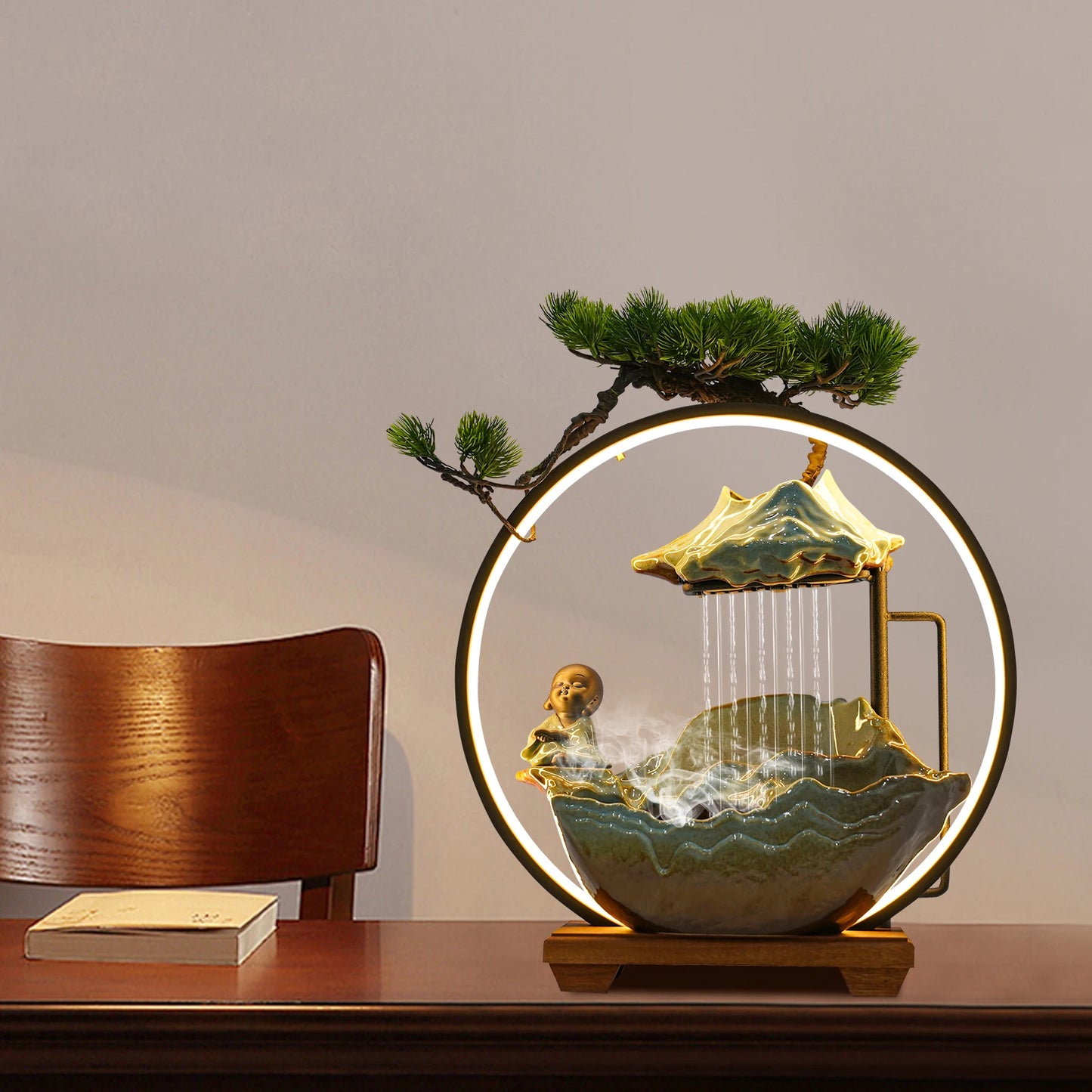 Bymaocar Modern Ceramic Wood Tabletop Water Fountain