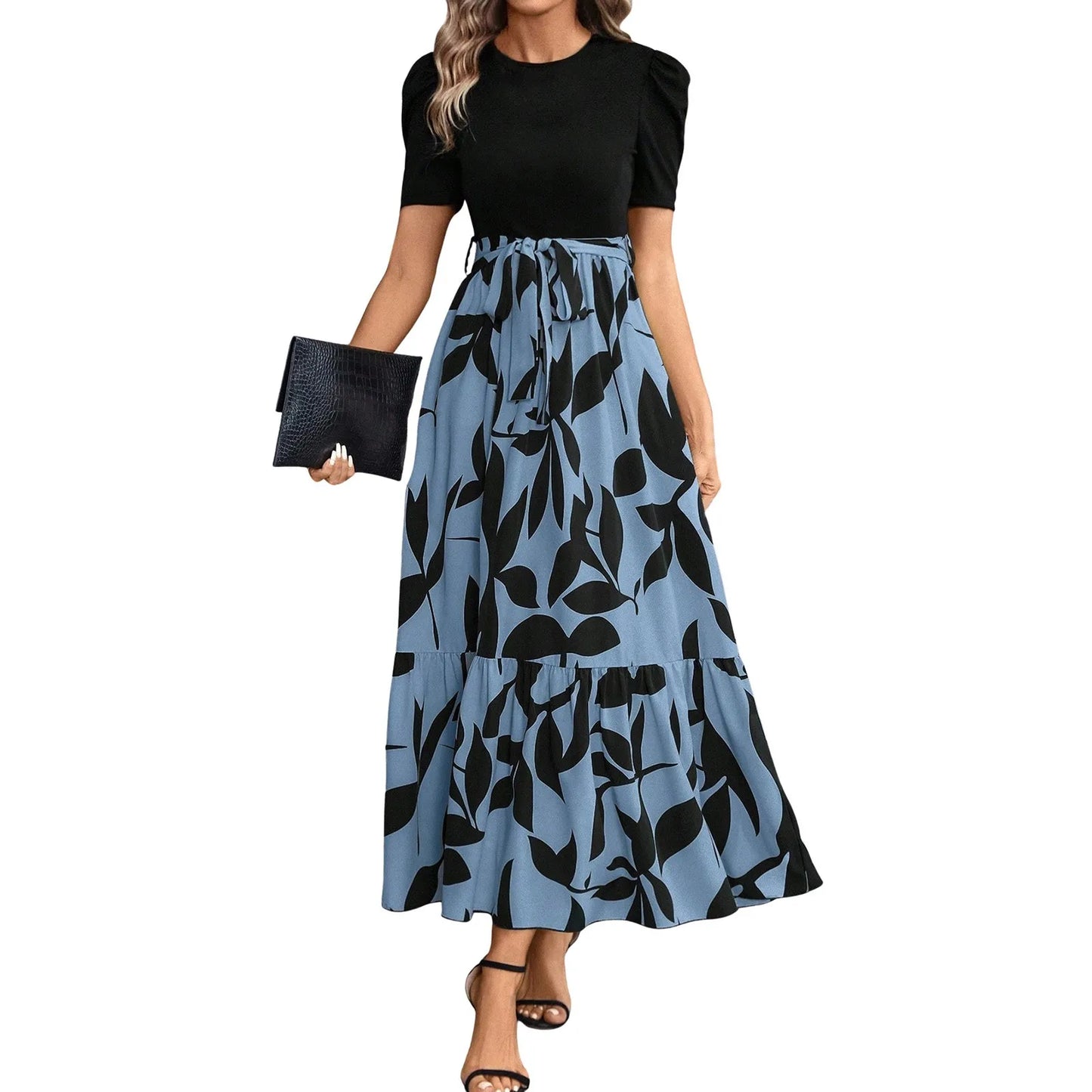 ISHOWTIENDACN Elegant Floral Print High Waist Dresses