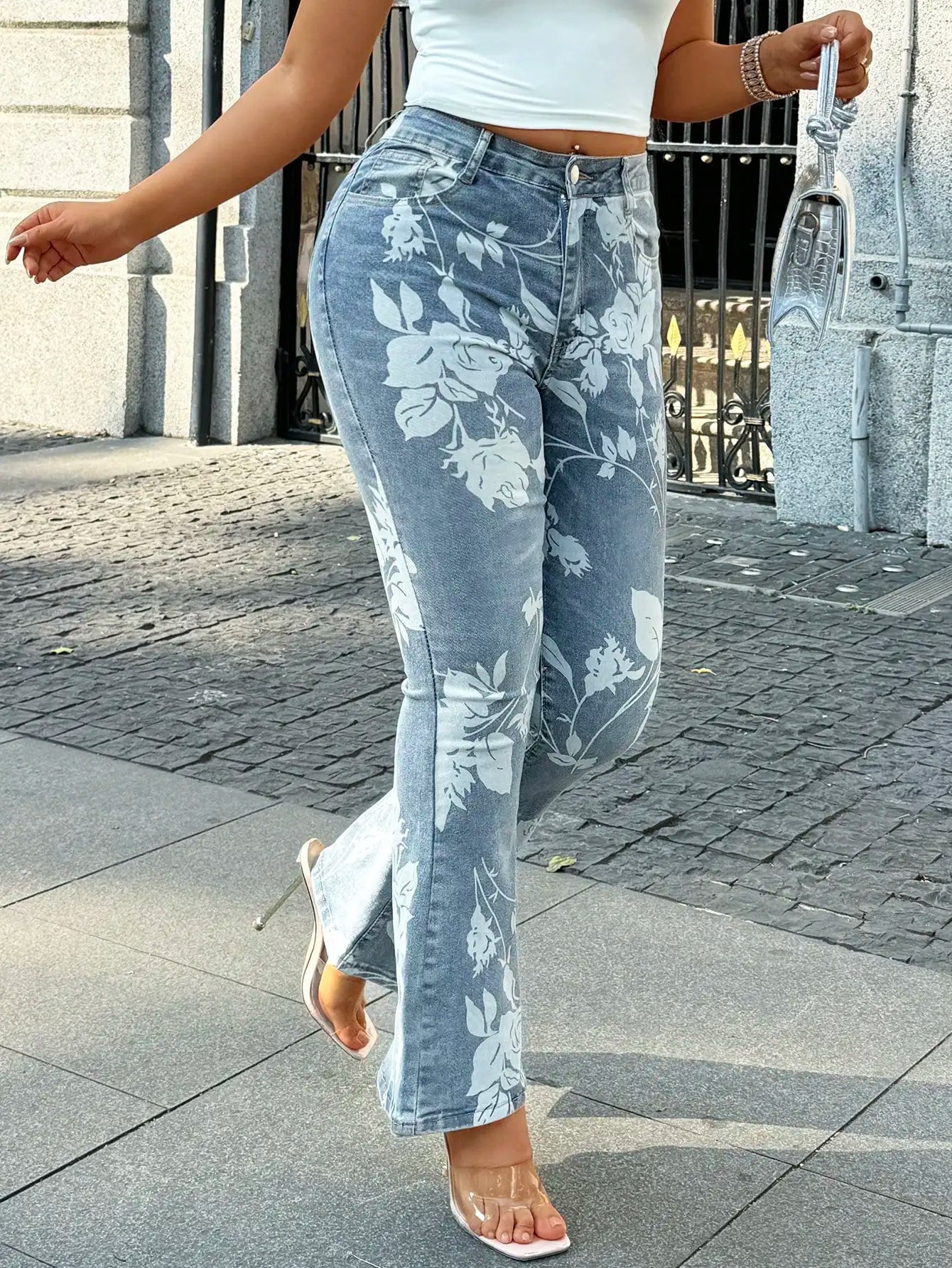 Ladies Flower Printed Bell Bottom Jeans Micro Elastic