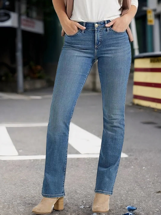 Womens Mid Rise Elastic Slim Straight Jeans Slanted Pockets