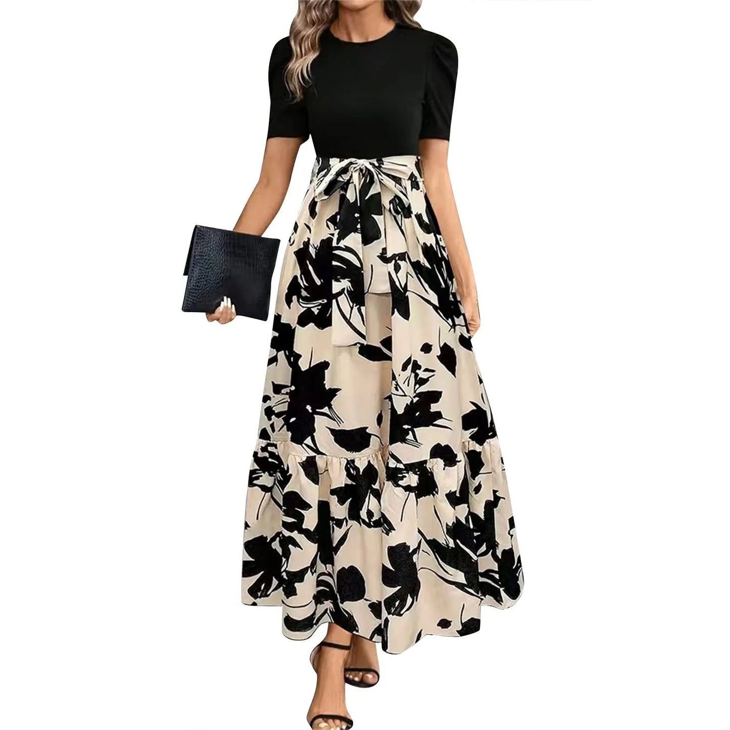 Floral Print High Waist Maxi Dress for Women Spring