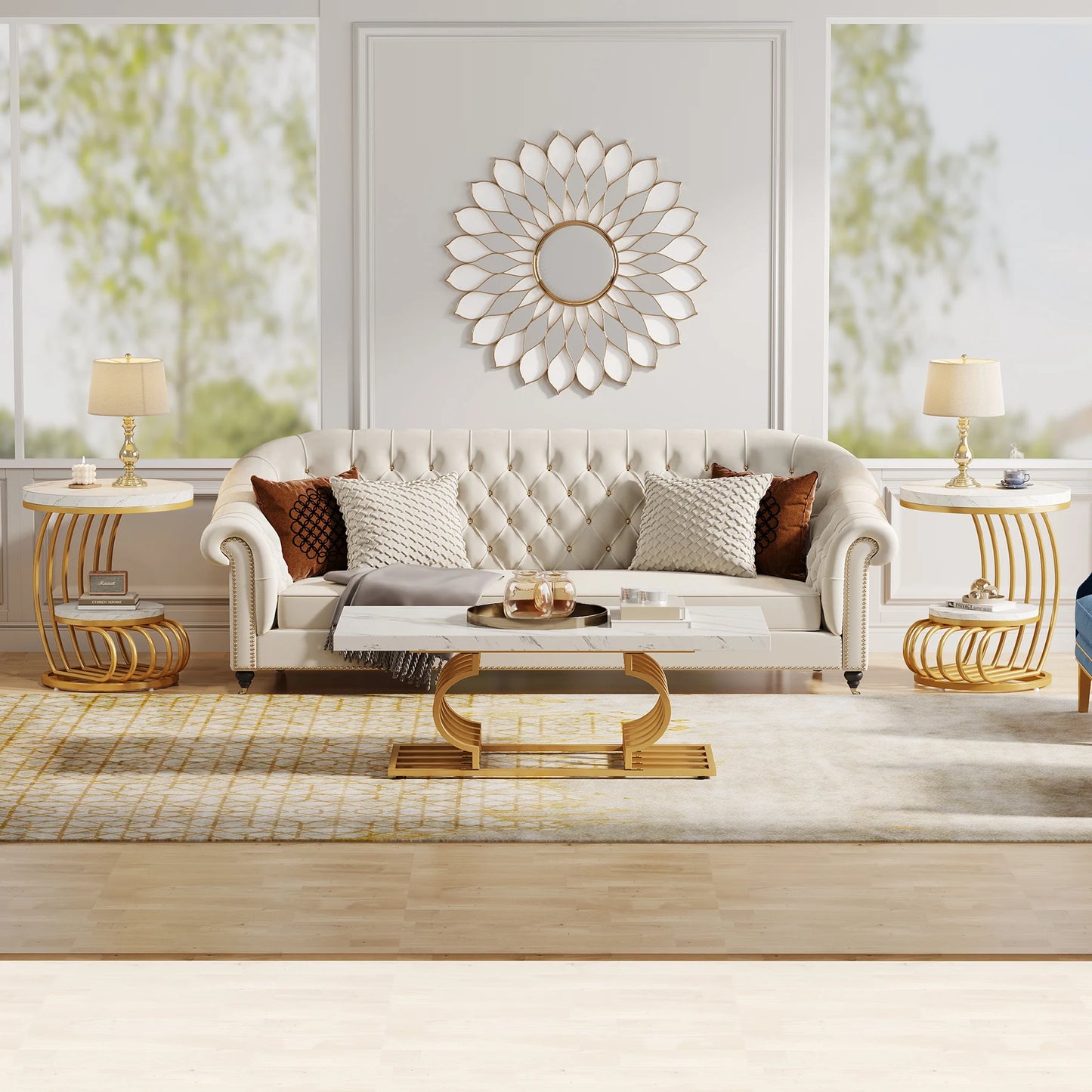 Tribesigns Gold Round End Table with Faux Marble Shelf