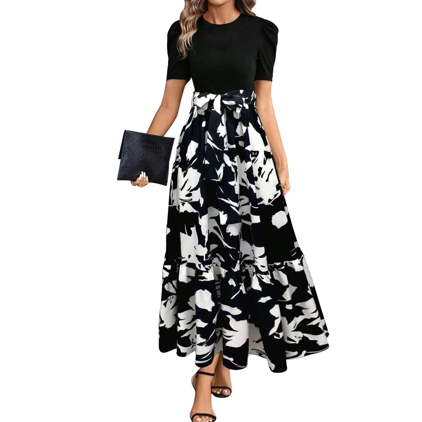ISHOWTIENDACN Elegant Floral Print High Waist Dresses
