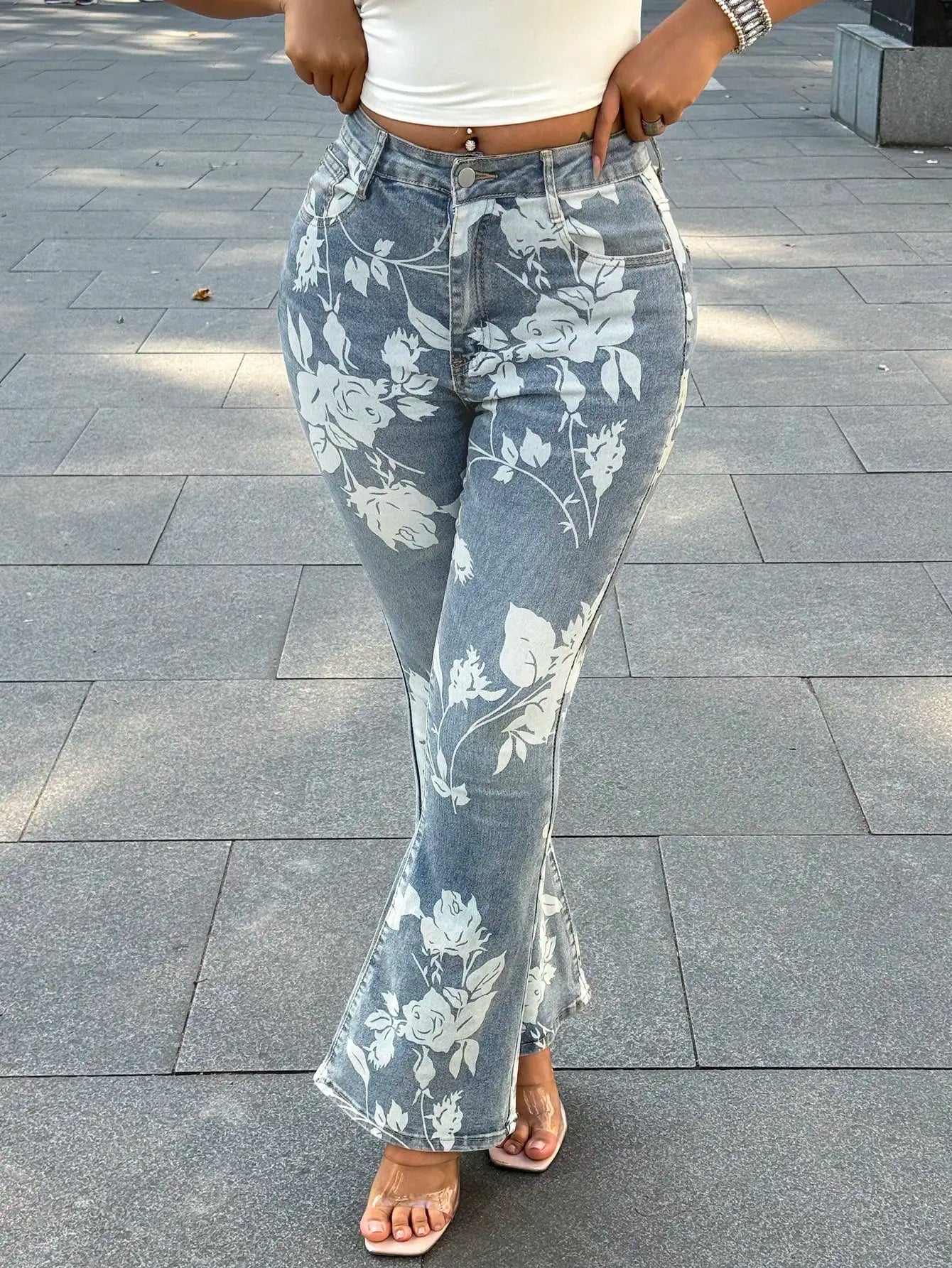 Ladies Flower Printed Bell Bottom Jeans Micro Elastic