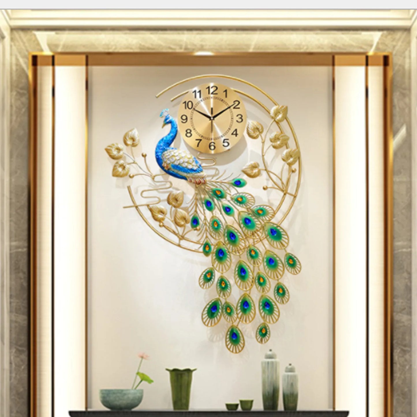 Hign-concerned Peacock Shaped Metal Wall Clock Silent Sweep