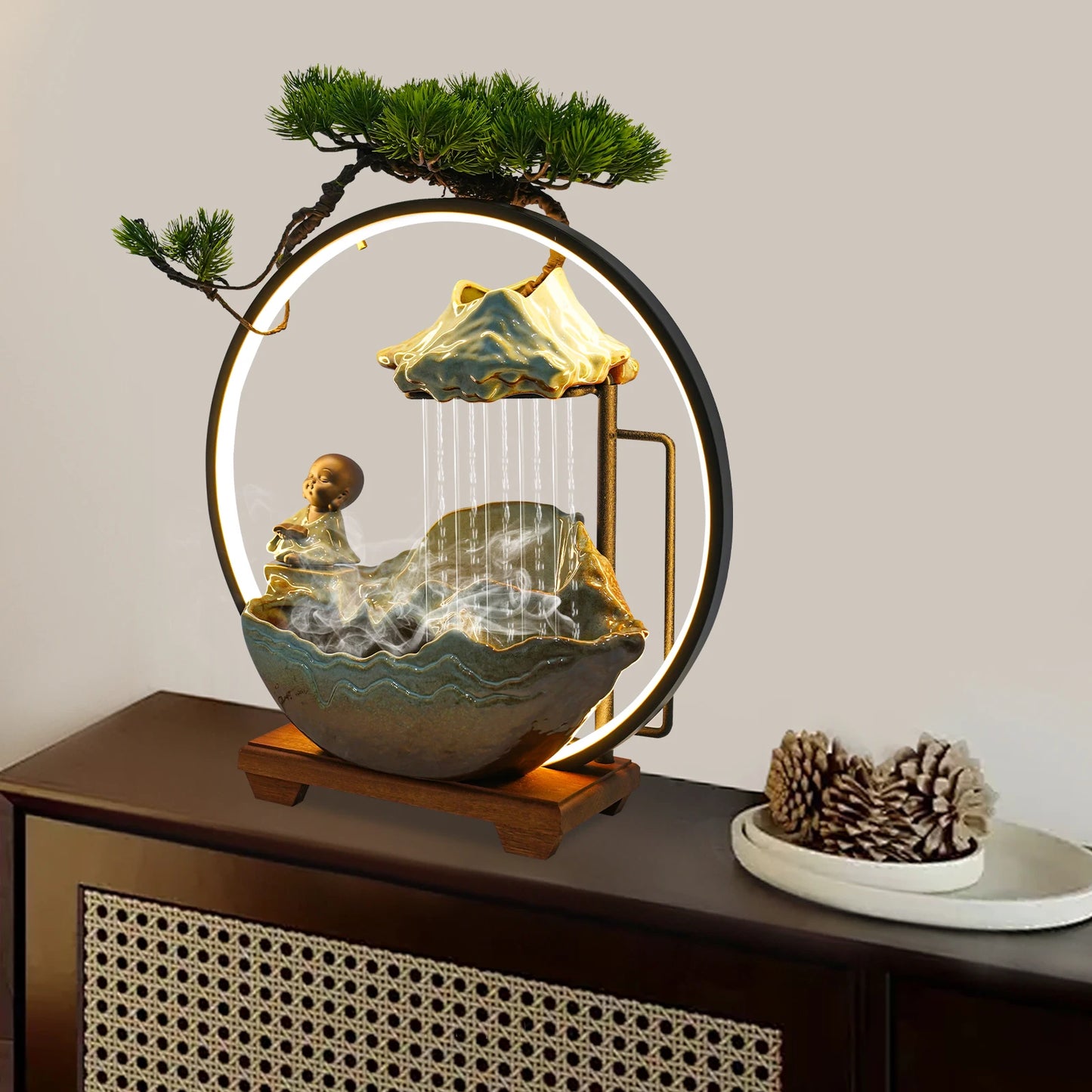 Bymaocar Modern Ceramic Wood Tabletop Water Fountain