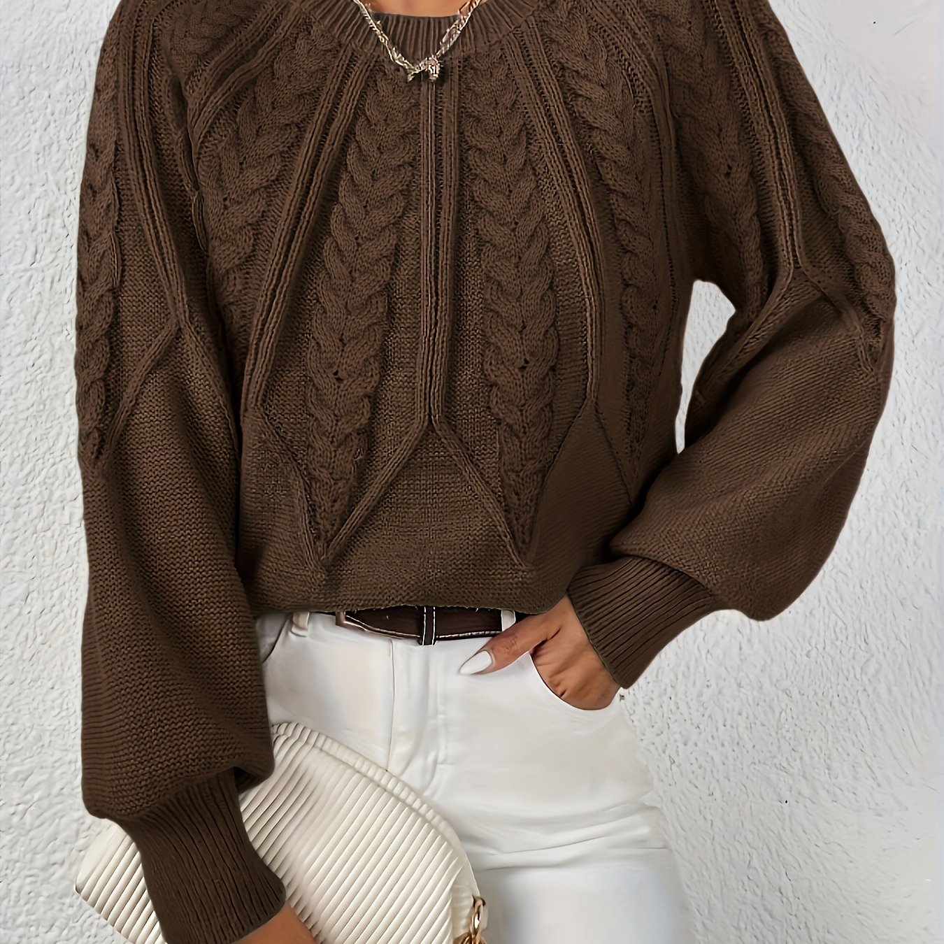 Womens Elegant Round Neck Sweater Solid Knitwear For Fall