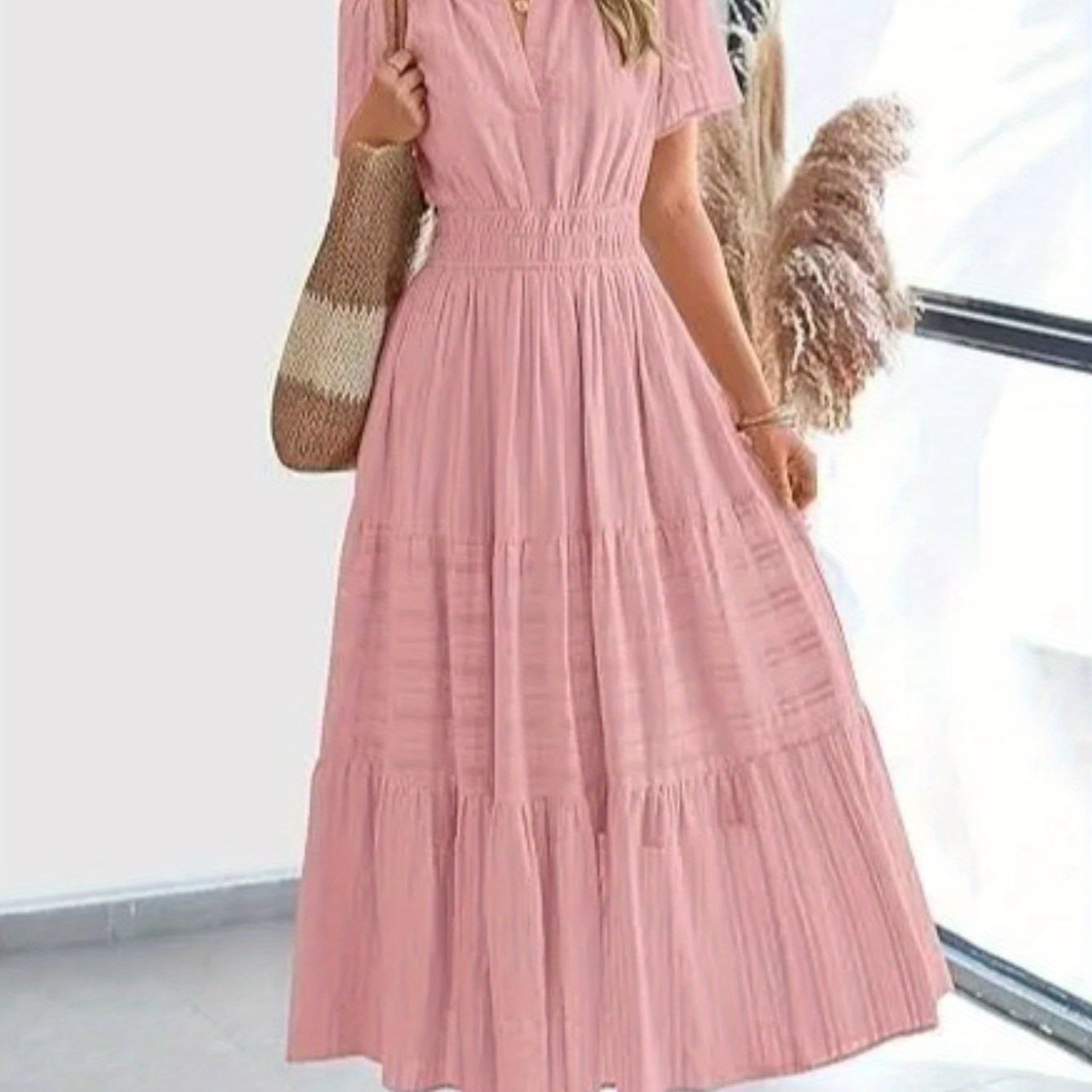 ZOELNIC Pleated Bubble Sleeve Dress V Neck Elegant Swing