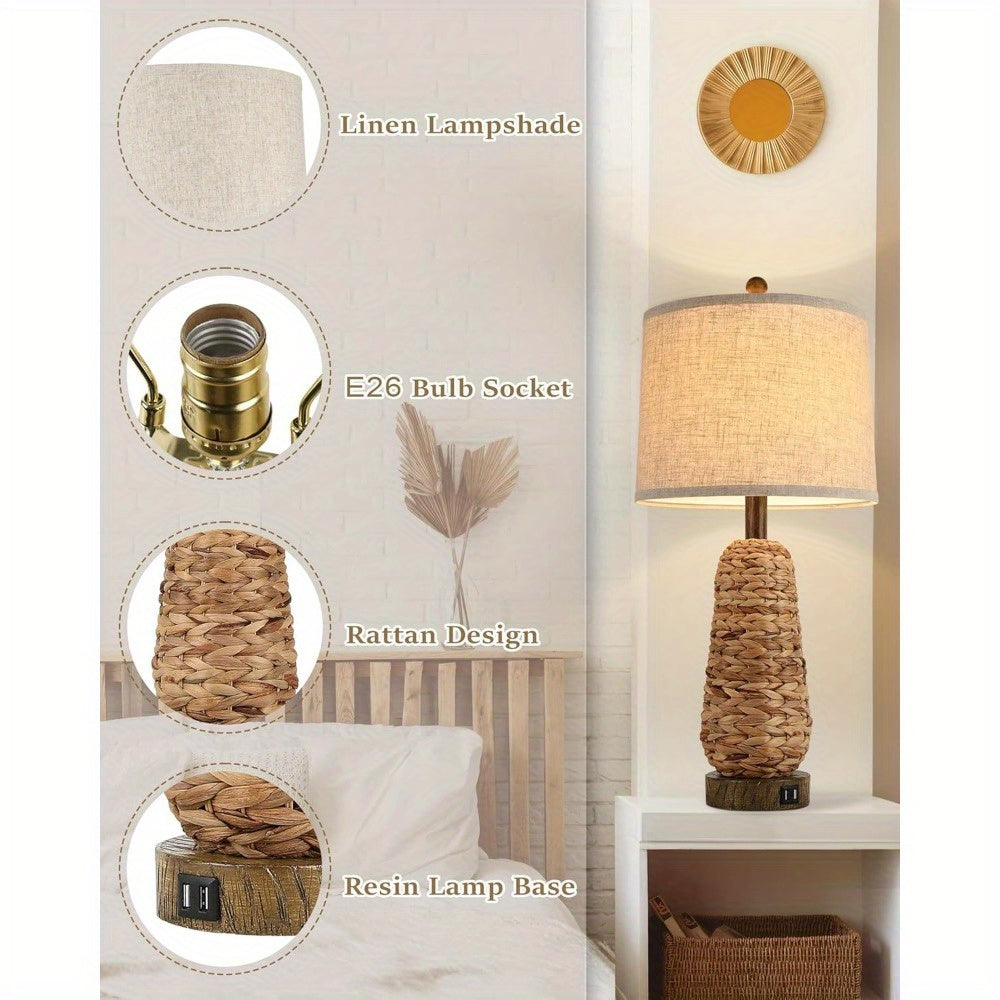 BrightEver Rattan Table Lamps Set With USB Ports 2