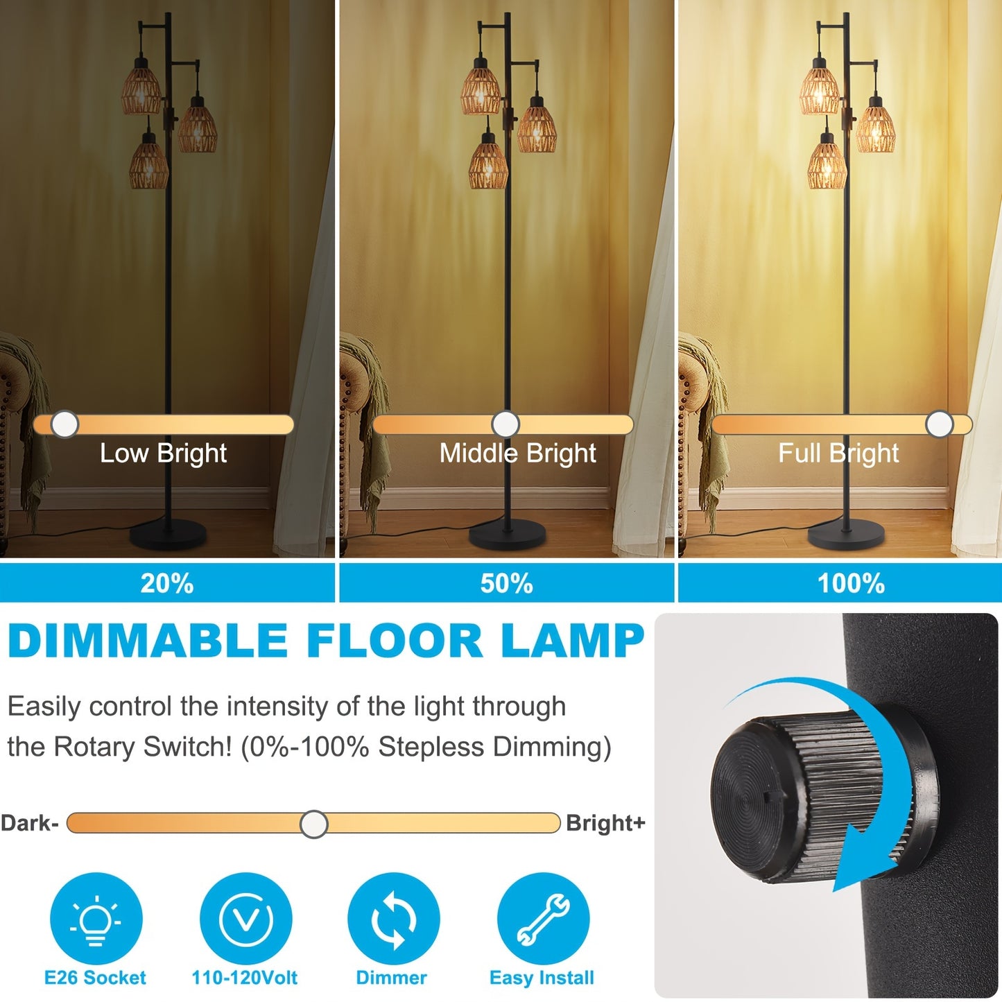 Boho Rattan Tree Floor Lamp With Dimmable Adjustable Lighting