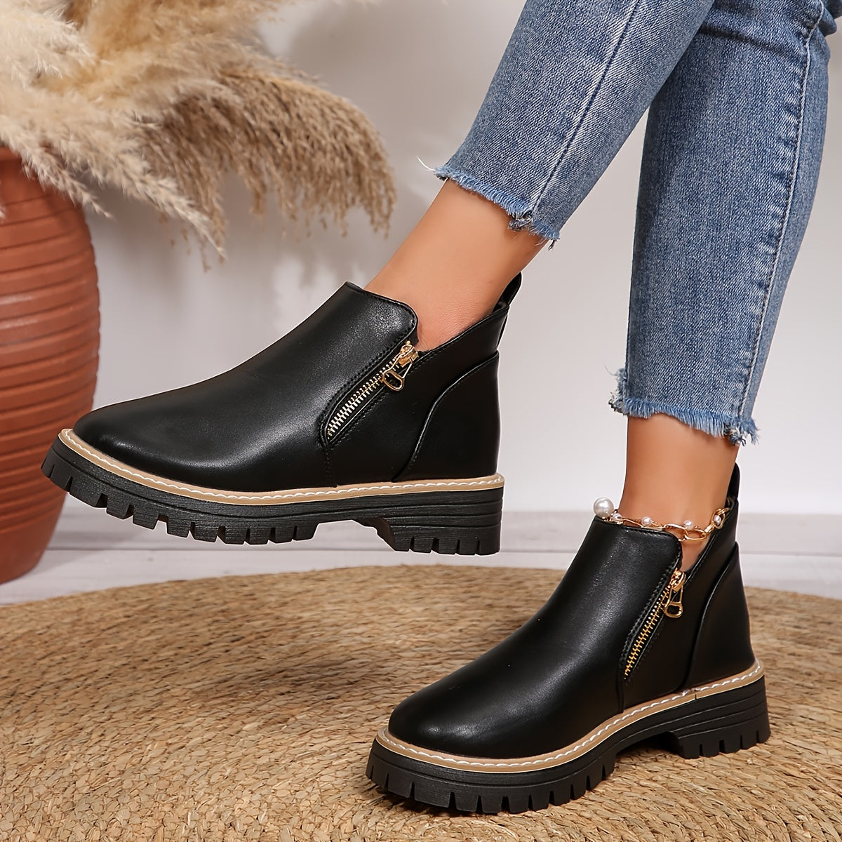 Women's Thick-Soled Anti-Skid Breathable Low-Heel Round-Toe Side Zipper Winter Boots